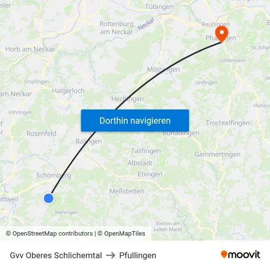 Gvv Oberes Schlichemtal to Pfullingen map