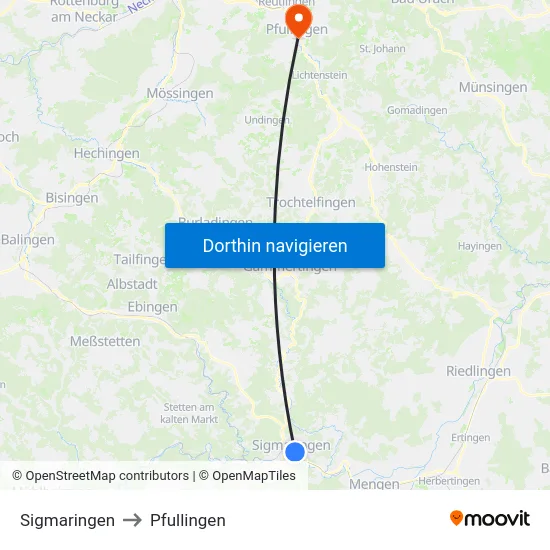 Sigmaringen to Pfullingen map