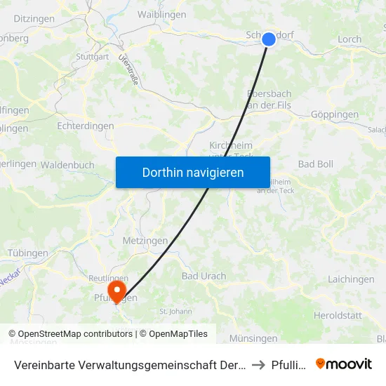 Vereinbarte Verwaltungsgemeinschaft Der Stadt Schorndorf to Pfullingen map