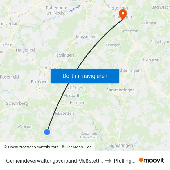 Gemeindeverwaltungsverband Meßstetten to Pfullingen map