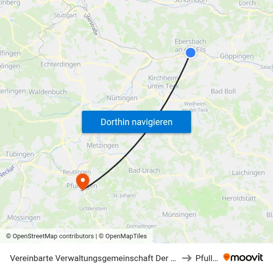 Vereinbarte Verwaltungsgemeinschaft Der Stadt Ebersbach An Der Fils to Pfullingen map
