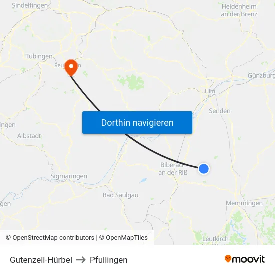 Gutenzell-Hürbel to Pfullingen map