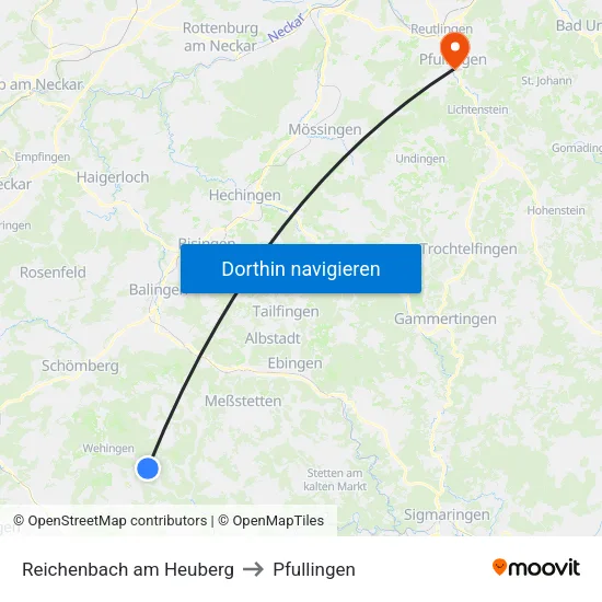 Reichenbach am Heuberg to Pfullingen map