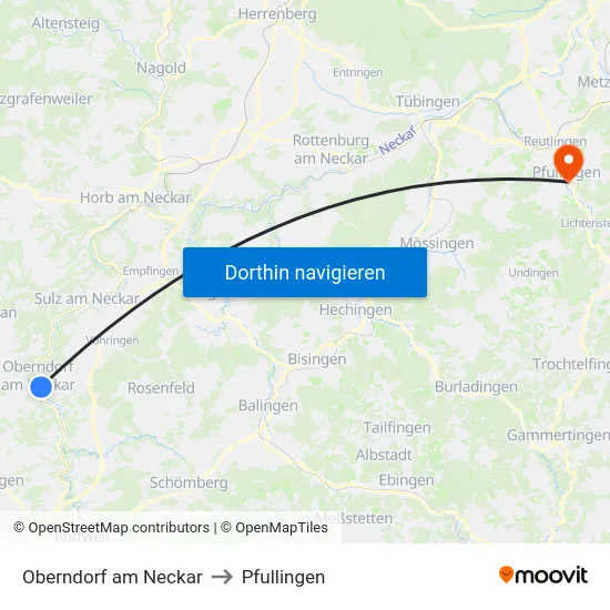 Oberndorf am Neckar to Pfullingen map