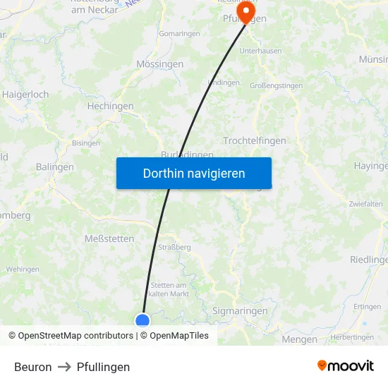 Beuron to Pfullingen map