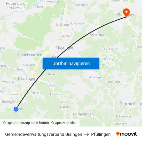 Gemeindeverwaltungsverband Bisingen to Pfullingen map