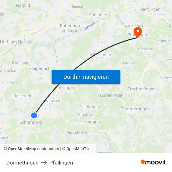 Dormettingen to Pfullingen map