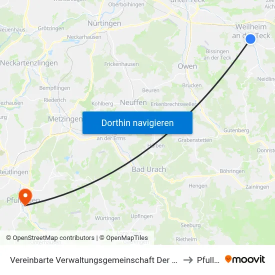 Vereinbarte Verwaltungsgemeinschaft Der Stadt Weilheim An Der Teck to Pfullingen map