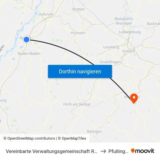 Vereinbarte Verwaltungsgemeinschaft Rastatt to Pfullingen map