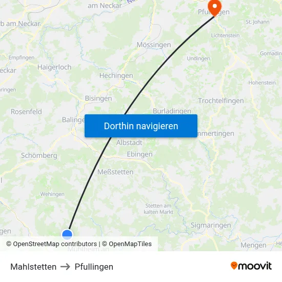 Mahlstetten to Pfullingen map