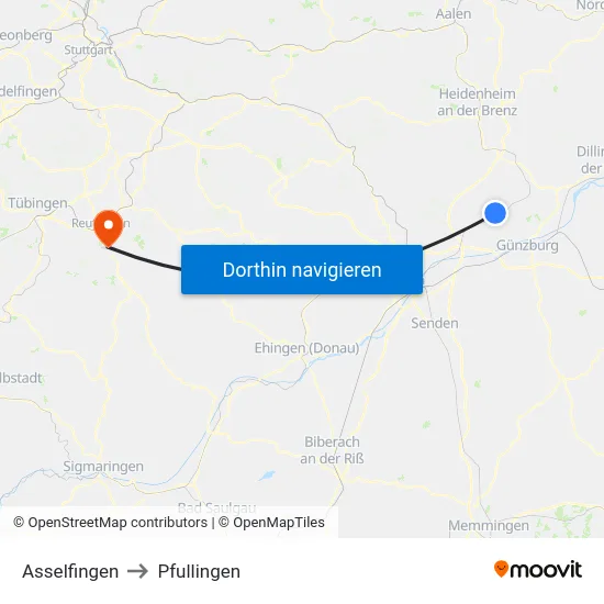 Asselfingen to Pfullingen map