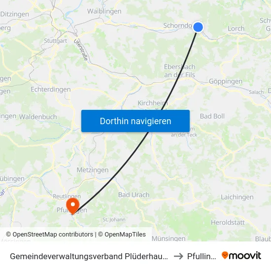 Gemeindeverwaltungsverband Plüderhausen-Urbach to Pfullingen map