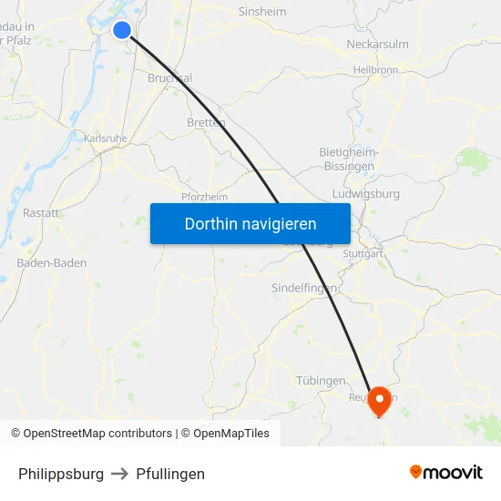 Philippsburg to Pfullingen map