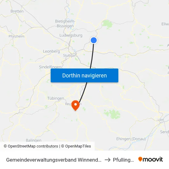 Gemeindeverwaltungsverband Winnenden to Pfullingen map