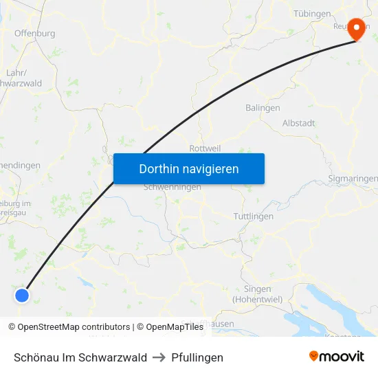 Schönau Im Schwarzwald to Pfullingen map