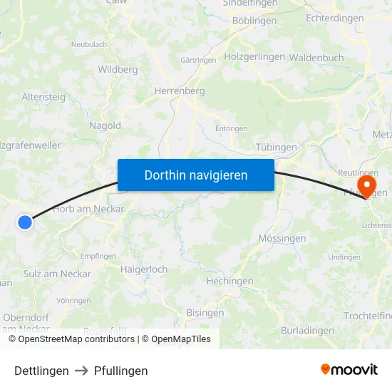 Dettlingen to Pfullingen map