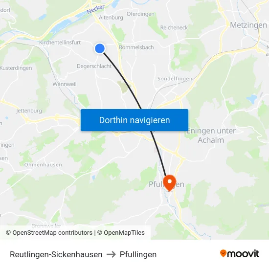 Reutlingen-Sickenhausen to Pfullingen map