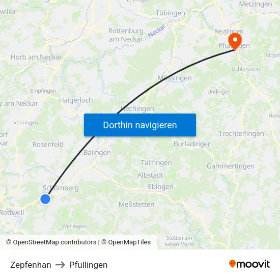 Zepfenhan to Pfullingen map