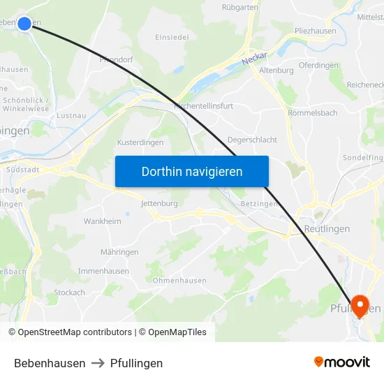 Bebenhausen to Pfullingen map