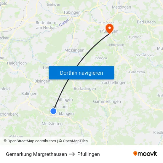 Gemarkung Margrethausen to Pfullingen map