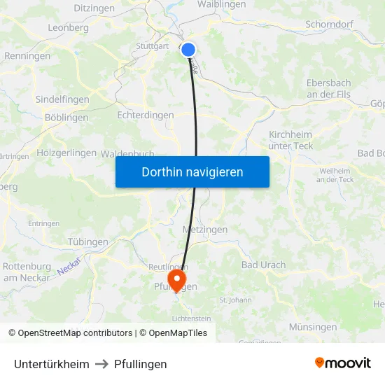 Untertürkheim to Pfullingen map
