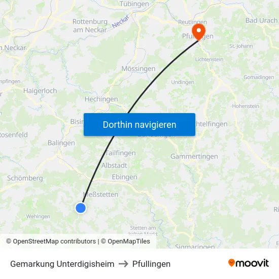 Gemarkung Unterdigisheim to Pfullingen map