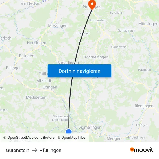 Gutenstein to Pfullingen map