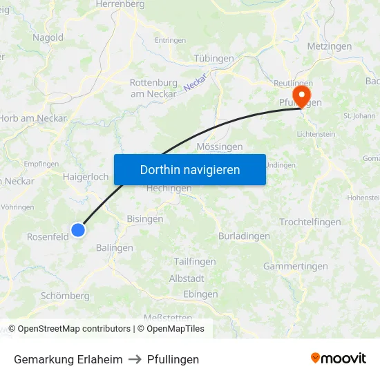 Gemarkung Erlaheim to Pfullingen map