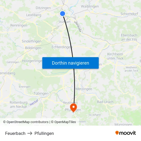 Feuerbach to Pfullingen map