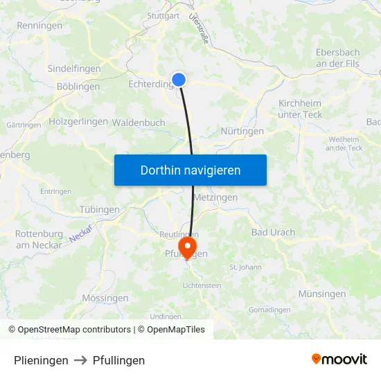 Plieningen to Pfullingen map