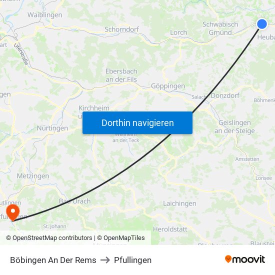 Böbingen An Der Rems to Pfullingen map