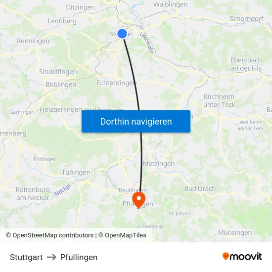 Stuttgart to Pfullingen map