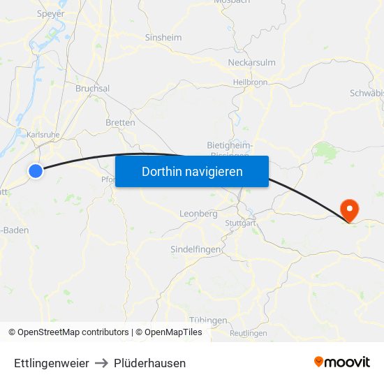 Ettlingenweier to Plüderhausen map