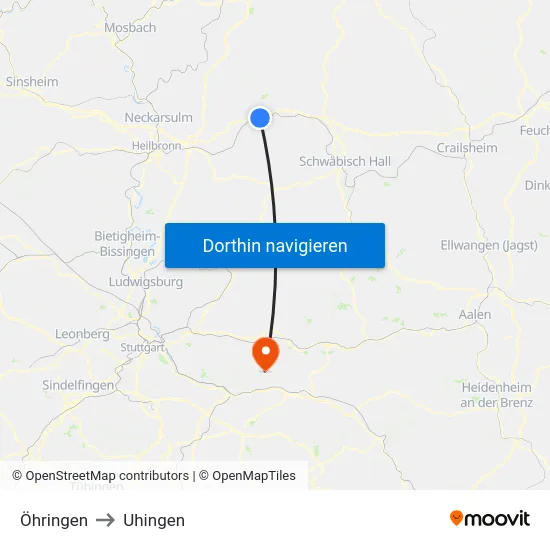 Öhringen to Uhingen map