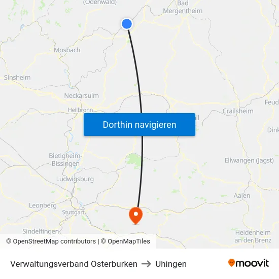 Verwaltungsverband Osterburken to Uhingen map