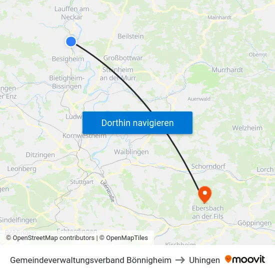 Gemeindeverwaltungsverband Bönnigheim to Uhingen map