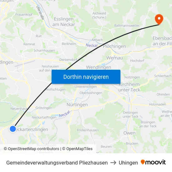 Gemeindeverwaltungsverband Pliezhausen to Uhingen map