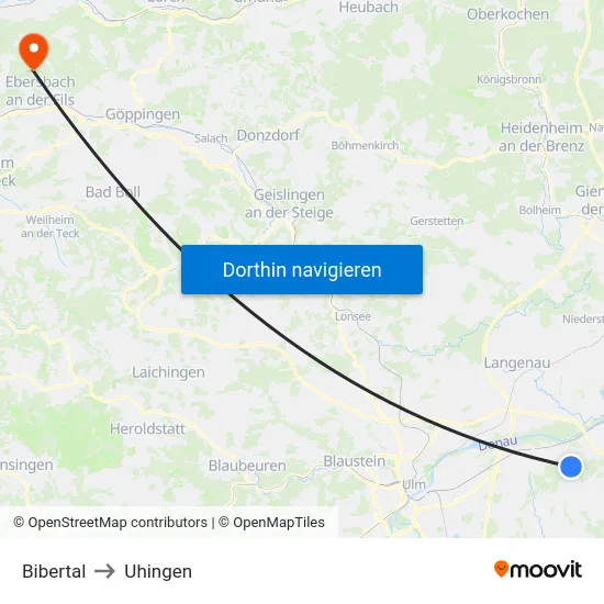 Bibertal to Uhingen map