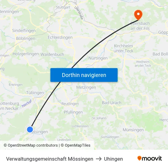 Verwaltungsgemeinschaft Mössingen to Uhingen map