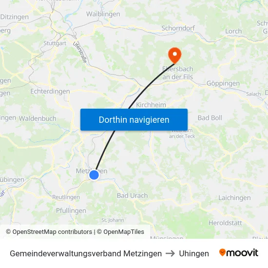 Gemeindeverwaltungsverband Metzingen to Uhingen map