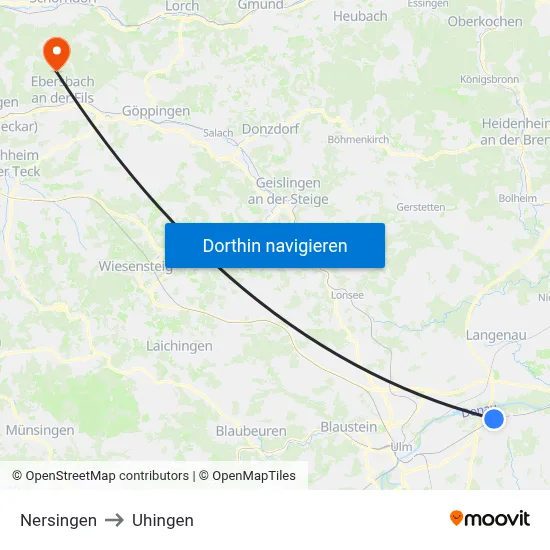 Nersingen to Uhingen map