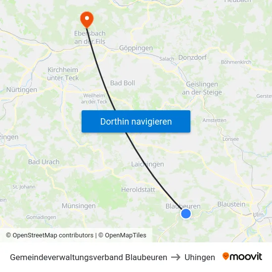 Gemeindeverwaltungsverband Blaubeuren to Uhingen map