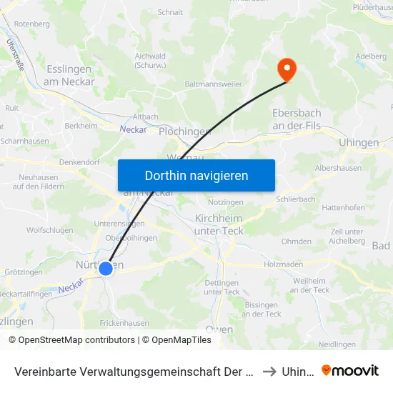Vereinbarte Verwaltungsgemeinschaft Der Stadt Nürtingen to Uhingen map