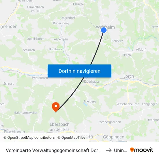 Vereinbarte Verwaltungsgemeinschaft Der Stadt Welzheim to Uhingen map