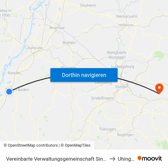 Vereinbarte Verwaltungsgemeinschaft Sinzheim to Uhingen map
