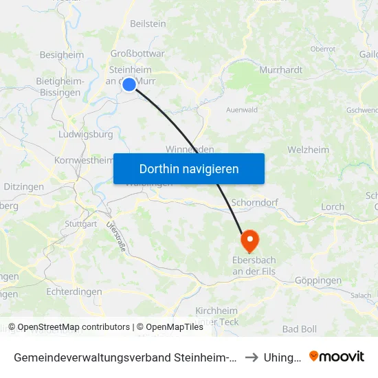 Gemeindeverwaltungsverband Steinheim-Murr to Uhingen map