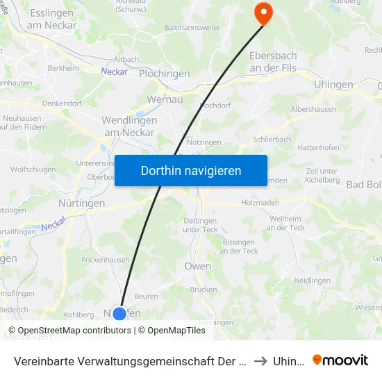 Vereinbarte Verwaltungsgemeinschaft Der Stadt Neuffen to Uhingen map