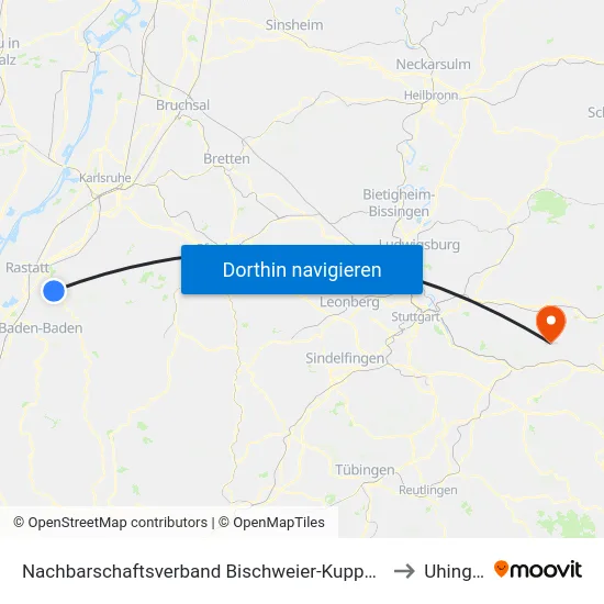 Nachbarschaftsverband Bischweier-Kuppenheim to Uhingen map