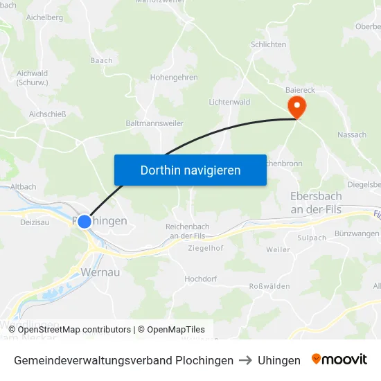 Gemeindeverwaltungsverband Plochingen to Uhingen map