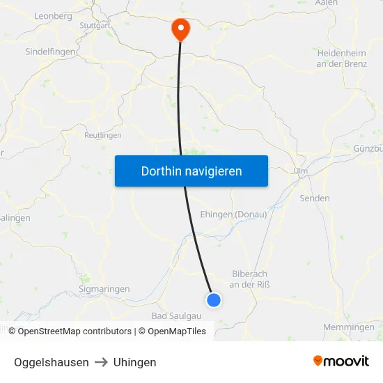 Oggelshausen to Uhingen map